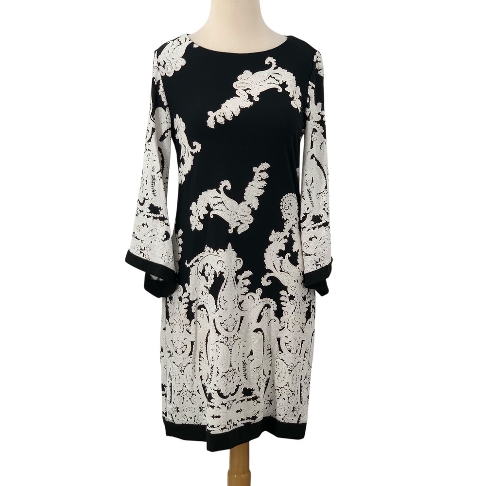Studio One Women's 3/4 Bell Sleeve Black/White Paisley Floral Shift Dress Size 6